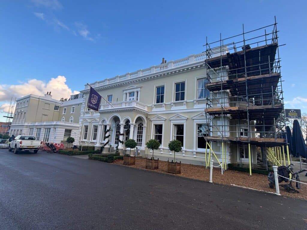 Kings Langley Scaffolding access scaffold on the front elevation of a golf clubhouse